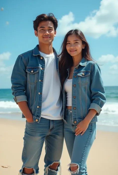 A portrait of a rather stout young man,indonesia wearing slim denim jacket on white t-shirt,and ripped jeans at the knees,and young Indonesian woman with long hair wearing a slim denim jacket walking wearing shoes,in front of the beautiful beach best quali...