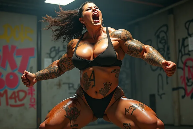 battle cry woman,female bodybuilder、housewife、cum shot,sex slave_tattoo,oily ,cum shot,Dirty talk、graffiti、Seeding Press,Dirty talk graffiti on body、Seeding Press,40 years old,(masterpiece, best quality:1.2), 1girl, solo,standing_split,Big Tit,、Big Butt,Ar...