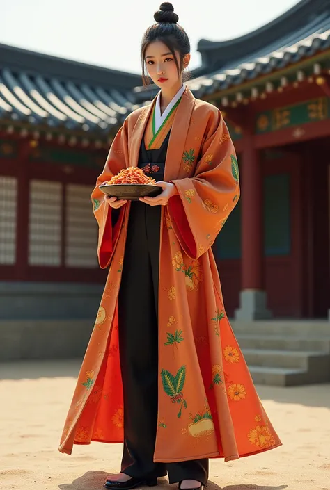 South Korean national costume, a suit mixed with a hanbok, with a kimchi pattern mixed with a Korean-style house, holding kimchi.