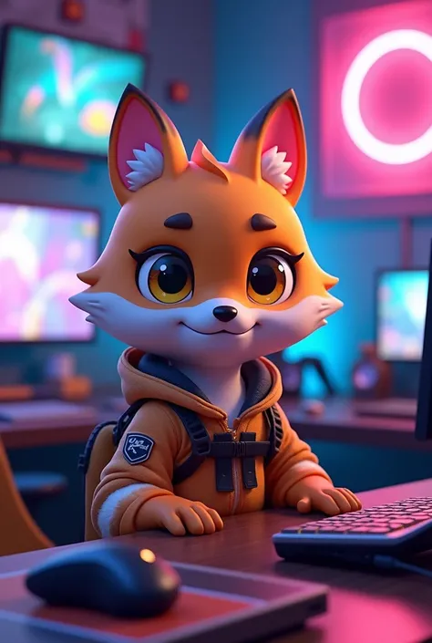 A free fire male animal character and playing free firegames on computer and her room is a gaming room she looks very cute and she is looking at me