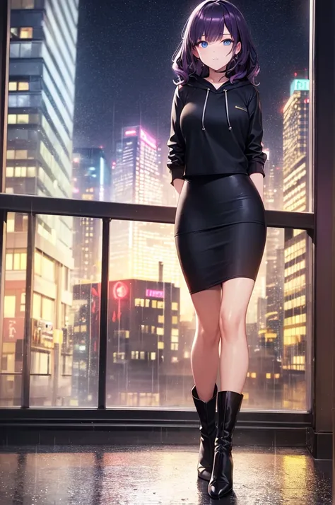 masterpiece, best quality, highres, high detail, beautiful woman, wavy hair, (dark purple hair), (blue eyes), ((blue hoodie)), ((black midi pencil skirt)), long black pencil skirt, ((black skirt)), leather boots, headphones, looking at viewer, rainy backdr...