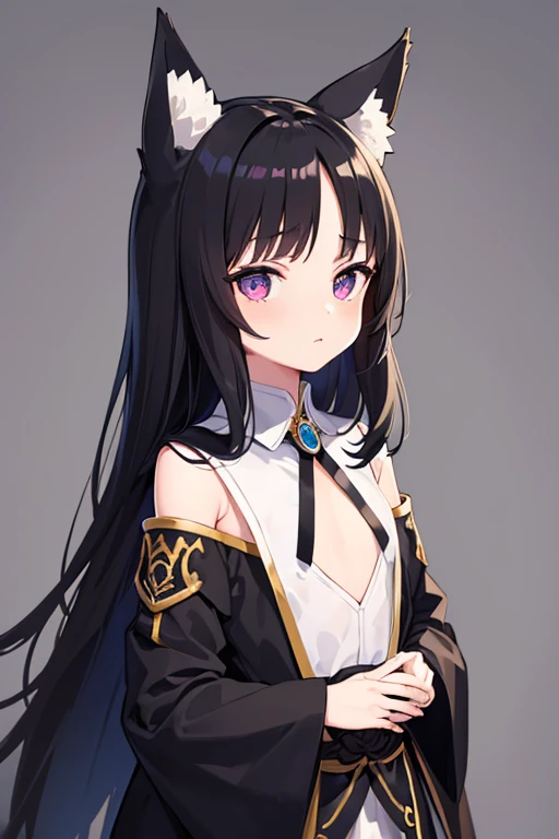 ((Highest quality)), ((masterpiece)), (detailed), 1girl, cute　Five fingers　Small wolf ears　Black braid　forehead　Petite　Normal chest　No human ears　Big eyes　Her eyes are black　first round　whole body　Black tabard　The background is an ancient castle town