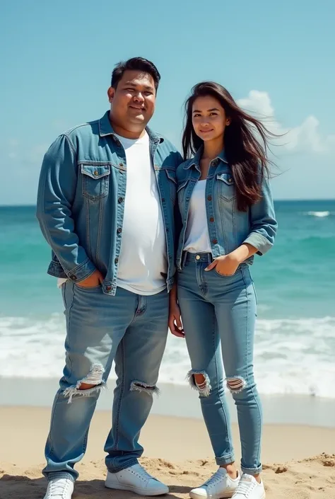 A portrait of a rather stout young man,indonesia wearing slim denim jacket on white t-shirt,and ripped jeans at the knees,and young Indonesian woman with long hair wearing a slim denim jacket walking wearing shoes,in front of the beautiful beach best quali...