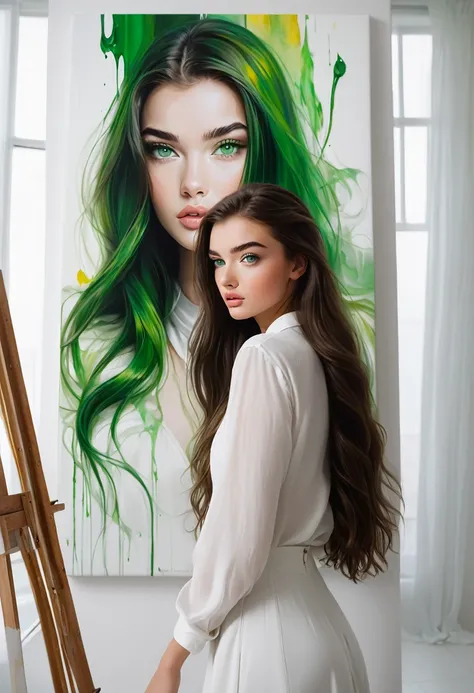 Create an image of a 21-year-old girl identical to Amy Jackson, very long hair, greeneyes, painting a canvas in a white room with solid glass walls.
Ela usa um baby dool de grife.