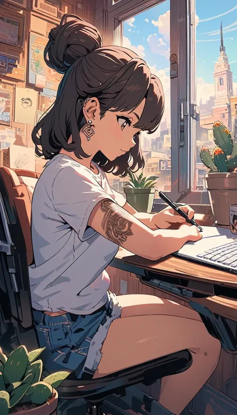 (extremely detailed CG unity 8k wallpaper), (best quality), (best illustration), (best shadow), realistic lighting, beautiful detailed reglow, masterpiece, best quality, lofi artstyle, lofi art, city, town, 80s anime style, Retro, Lo-Fi, 1girl, arm tattoo,...