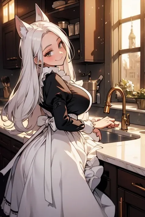 A young white haired woman with copper eyes and an hourglass figure with white fox ears and a white fox tail in a Lolita maid uniform is sitting on the counter in a fancy kitchen with a big smile