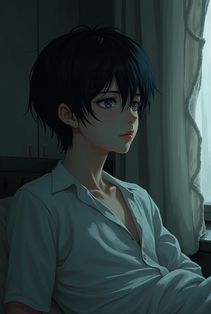 Black hair otaku boy，Average build，Feels darker，Sex Cheap Shizu，The expression is very calm，s eyes