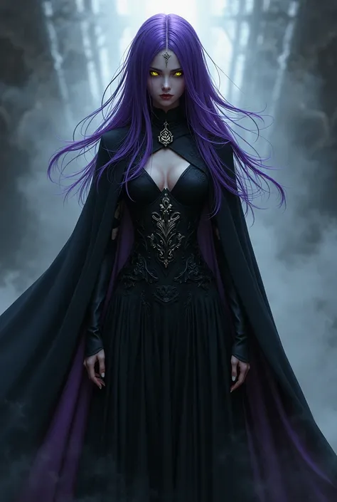 black woman, purple hair, yellow eyes, Shinigami clothes, 25 years old 