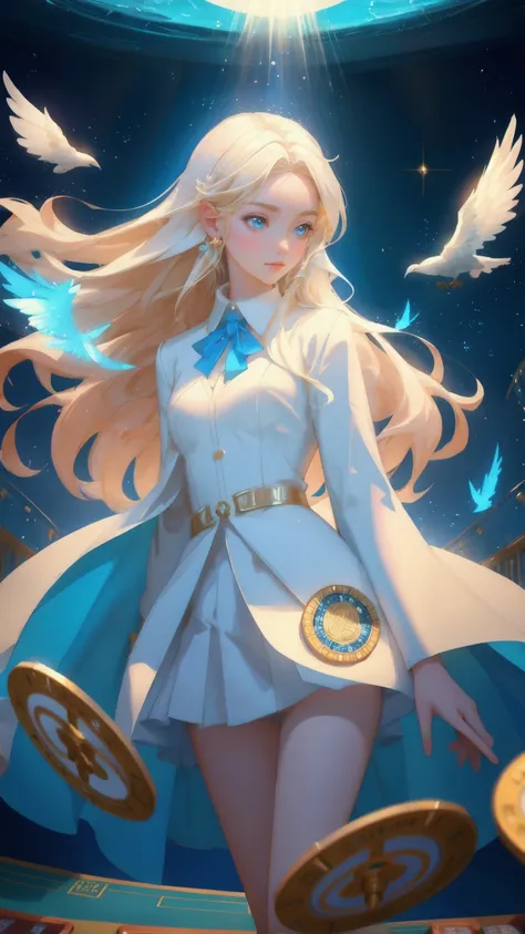 A beautiful, cute anime girl with long blonde hair wearing a white suit, emerging from a swirling vortex of blue water on a casino table. She has a determined and confident expression, holding a golden coin prominently to show its importance. Shes surround...