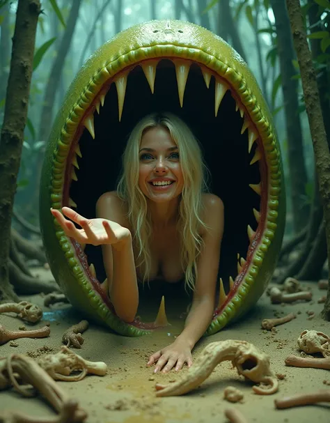 On a horrifying swampy sandbank filled with human bones, a blonde-haired, blue-eyed femme fatale with unparalleled beauty peeks out from the feeding mouth of a creepy giant man-eating Nepenthes in psychedelic primary colors, peeking out from the upper half...