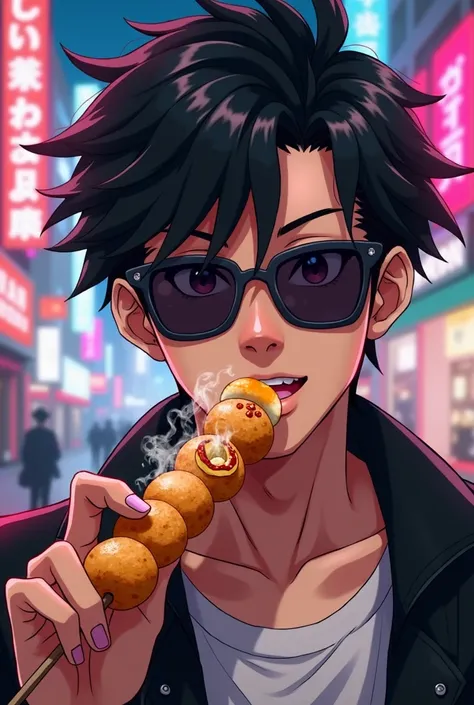 Anime guy with sunglasses eating takoyaki