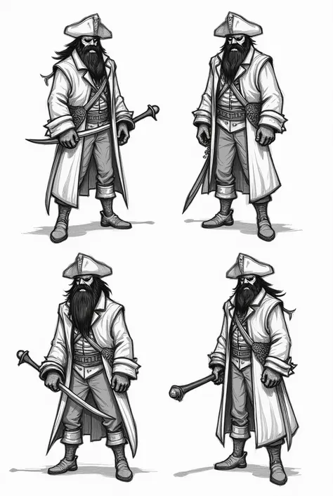 4 detailed sketches of Blackbeard, pirate captain, full length, Fewer details, only outlines, thick beard, piercing eyes, menacing expression on his face, in a cocked hat, long black coat, with a richly decorated sword on his belt, black patch on the right...