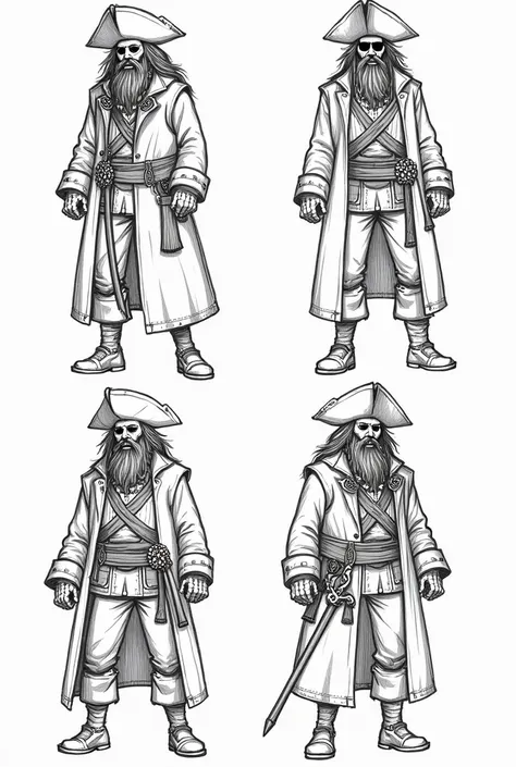 4 detailed sketches of Blackbeard, pirate captain, full length, Fewer details, only outlines, thick beard, piercing eyes, menacing expression on his face, in a cocked hat, long black coat, with a richly decorated sword on his belt, black patch on the right...