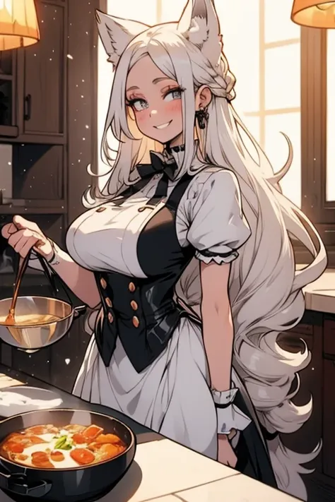 A young white haired woman with copper eyes and an hourglass figure with white fox ears and a white fox tail in a Lolita maid uniform is cooking in a fancy kitchen with a big smile