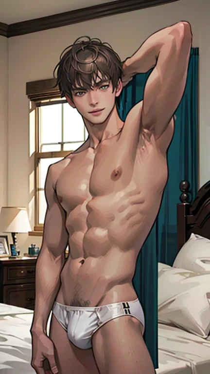 Highest quality、Realistic、zoom、man、cute、Grey Eyes、Light brown hair、short hair、Upper body naked、White briefs、thin、smile、Bedroom、Cowboy Shot