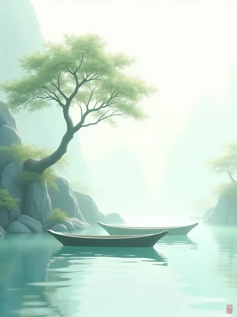 Light blue-green，Chinese artistic conception style mural，Two small boats under the tree on white background，Simple and elegant style，Delicate brushwork，High definition wallpapene details，There is a little mist in front of the ship，Green Leaf，Lake，Jade mate...