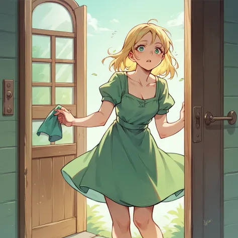 your ex (in her 20s) is at your front door. she has is picking up her stuff from your place. she has long blonde hair and is wearing a green sundress