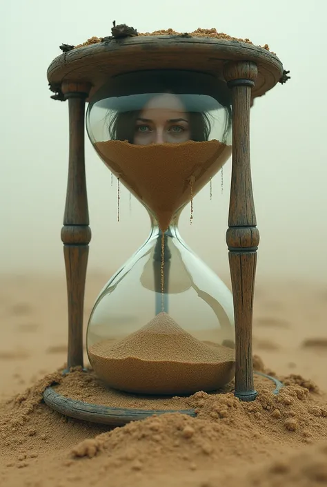 a human inside a worn down hourglass almost done that is buried on sand in a dystopian setting