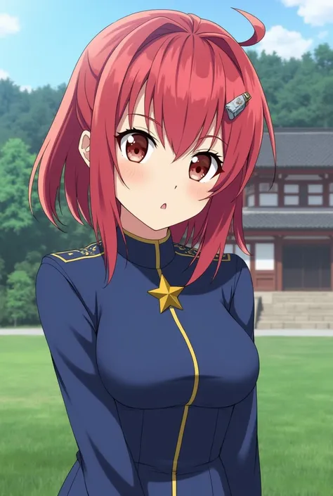 My boku no hero, Female gender, reddish hair, by the wide, with a star brooch on her head, background a temple of a farm in Japan, and blue uniform