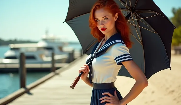 hottie, woman, 20 years old, 40s sailor woman uniform, short skirt, white and blue, redhead, sexy pose, holding a black umbrella with wooden handle and intricate decorations, docks, boardwalk, sand, sunny day, full lips, red lipstick, small nose, freckles....