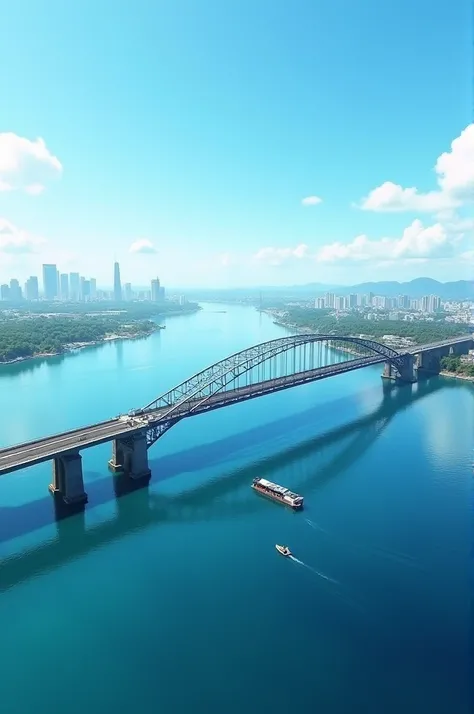 Create realistic photo of the Presidente Dutra bridge located in Petrolina-PE and Juazeiro-BA (brazil) and instead of the São Francisco river, replace it with a blue sea 