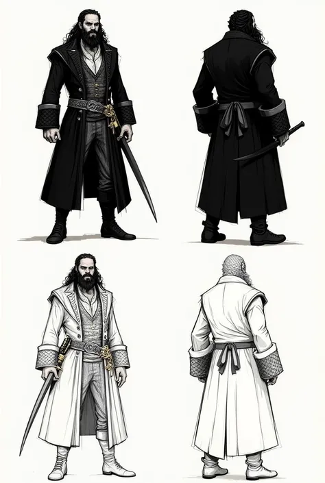 4 sketches of Blackbeard, concept art, pirate captain, full length, only outlines, thick beard, piercing eyes, long black coat, with a richly decorated sword on his belt, Without background
