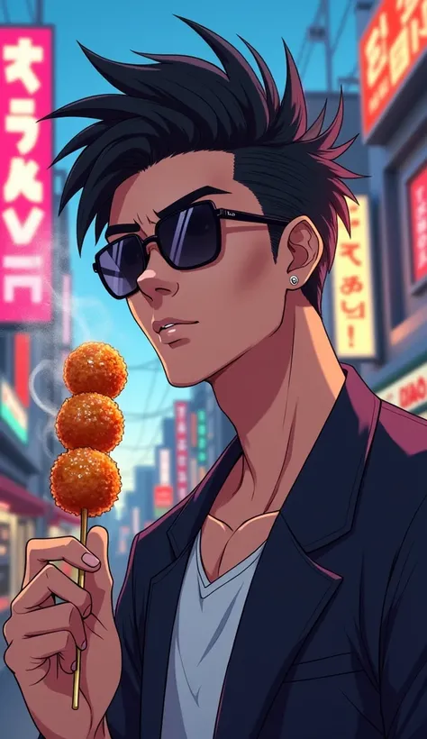 Anime guy with sunglasses eating takoyaki