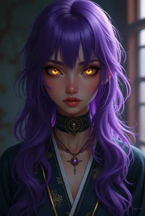 Adorable black woman with purple hair and yellow eyes that wears Shinigami clothes and looks 25 years old 