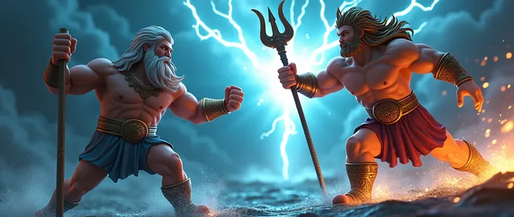 Zeus shooting a lightning bolt in the dark as a roblox character at Poseidon who is also a roblox character poseidon uses his trident on zesu (add text saying Gods Of RNG and make it match the background)