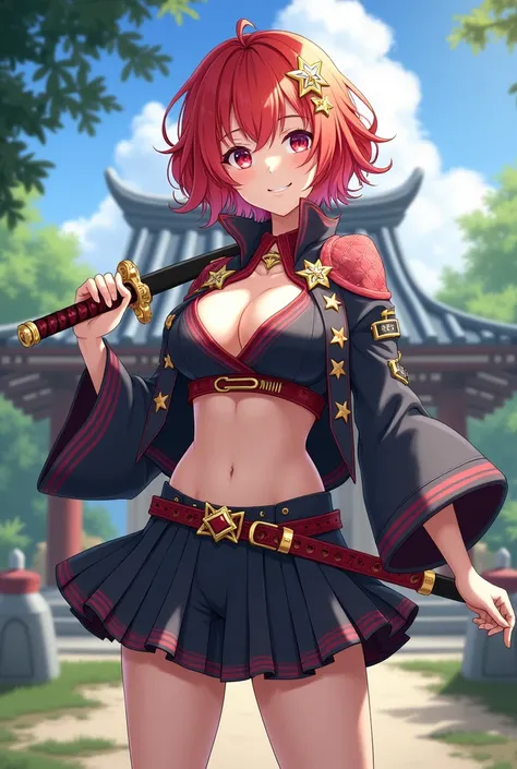 My boku no hero, Female gender, reddish hair, by the wide, with a star brooch on her head, background a temple of a farm in Japan, Girl in a demon hunter uniform with open chest and short skirt and a katana with stars design in her hand