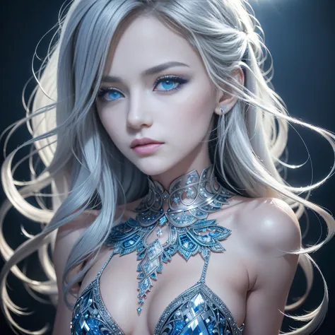 8k, (full body shot:1.4), 20-year-old Swedish girl, raw, Beautiful woman, (straight gray hair), Crystal-encrusted girl, sexy poses, The white skin is inlaid with transparent crystal, ((lens)), The structure is made of crystals, Hourglass body, intricate, b...