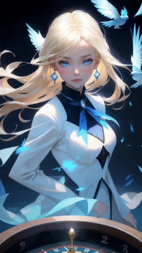 A beautiful young woman in a sleek white suit rises from a spiraling tempest of sapphire water. Her blonde hair whips dramatically around her face, which bears a look of unwavering resolve. She holds up a gleaming coin like a talisman of fortune. Poker chi...