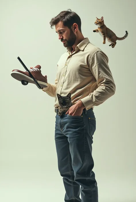 Man takes a shoe and a car and a cat out of his pocket using a tablet 