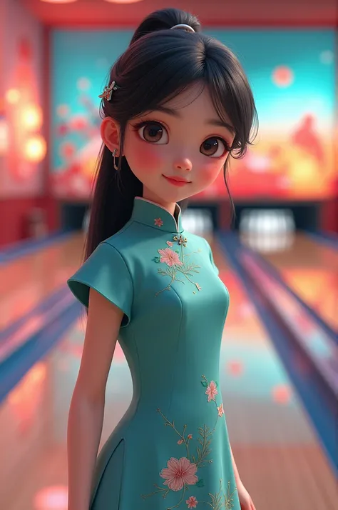 Une fille de 9 ans en Qipao turquoise dans un bowling.