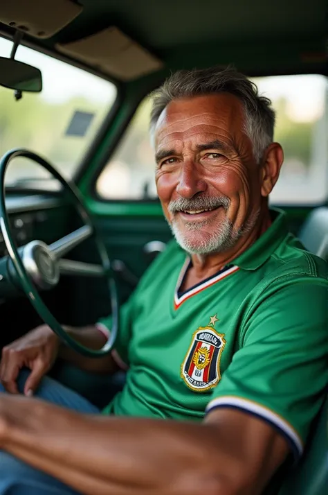 A photo of Mr. Madruga wearing a Corinthians shirt inside a Gol-type car