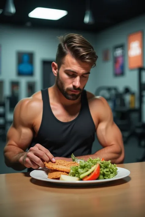 A gym trainer is eating gym diet 