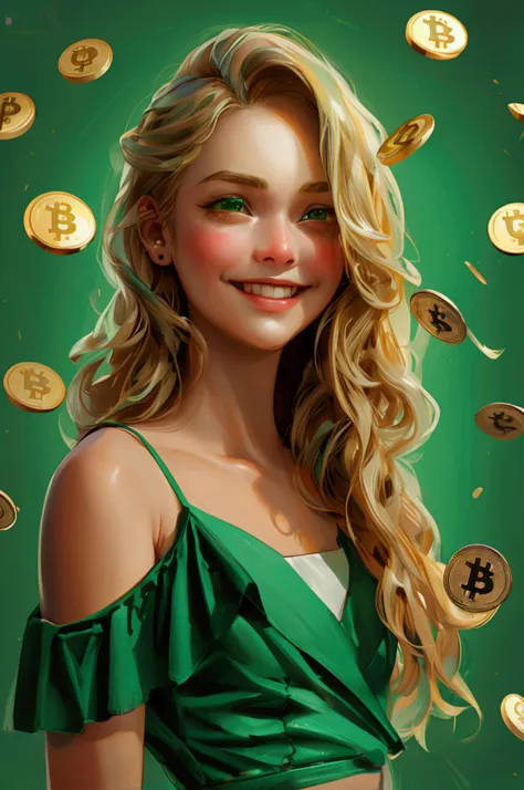 people buy crypto in low, holding then sell on high rate, happy face girls, proudly girl, wearing green dress, full character standing position , bitcoins showing in the image 