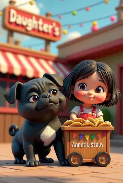 Black pug with a white spot on his chest selling tacos next to a chubby girl and in the background a restaurant with a sign that says that daughter