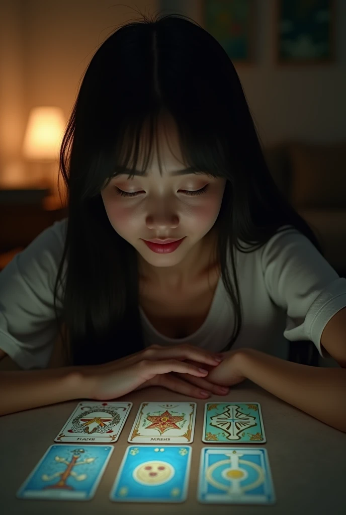 lined up on the table３Backs of 2 Tarot cards。A fair-skinned young Japanese woman looking at this。Smiling。A dimly lit living room。Selfie style。