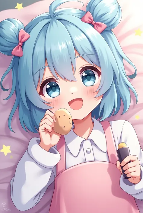 Create a 2d image of a cute anime girl smiling with light blue hair doing ASMR 