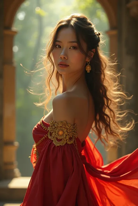 A fair-skinned angel woman with long hair, beautiful, gentle, and sweet like a rose. An ancient Thai dress, red, with gold accessories. The background is an ancient temple paradise.