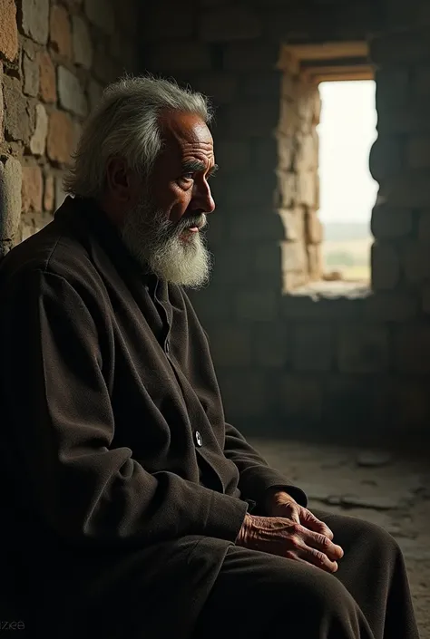 Inside a cold cell in Portugal, an older Ngungunhane gazes through a small window. The moonlight illuminates his face, highlighting the passage of time and his connection to his homeland.