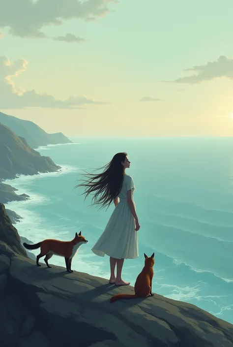 a woman with her back to a cat and a fox in front of the sea