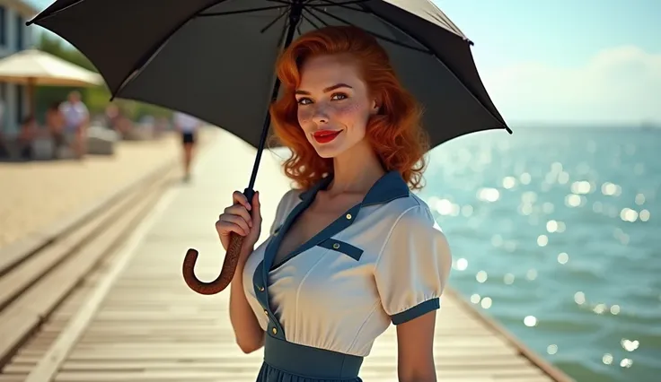 hottie, woman, 20 years old, 40s stewardess uniform, short skirt, white and blue, redhead, sexy pose, holding a black umbrella with wooden handle and intricate decorations, docks, boardwalk, sand, sunny day, judy garland, red lipstick, freckles. full body....