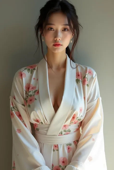 Korean woman in white printed kimono, High-quality full-body photos, Emphasize cleavage, Push-up effect, Deep neckline, Bust Lift, Super sexy, Large breasts pushing out cleavage, Full, erect breasts, High quality photos,Film Texture,wallpaper