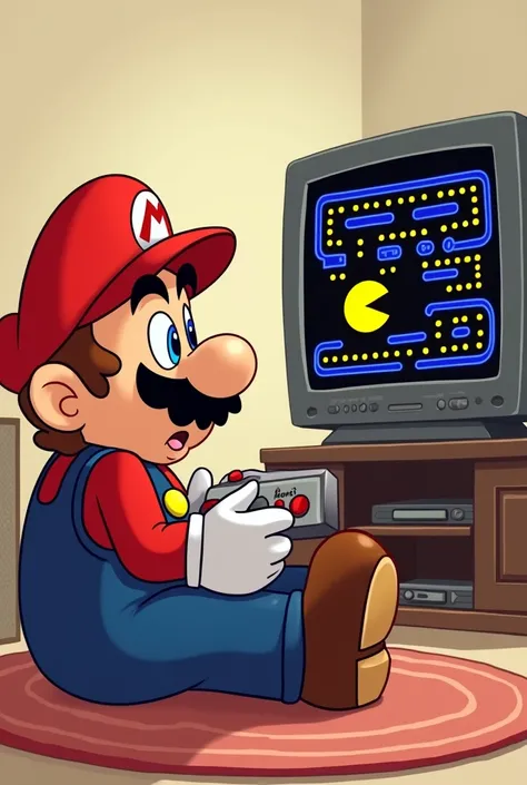 Super Mario character sitting in front of a television holding a controller playing PAC man