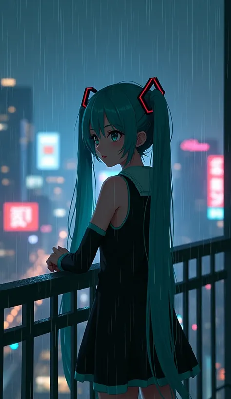 Anime 2.5D Hatsune miku, wearing original Hatsune miku sega dress. cyberpunk city night time drinking coffee at home balcony while resting arm on barrier while standing, glaring at the city night, lofi music, raining and face looking 
away from camera. 4k ...