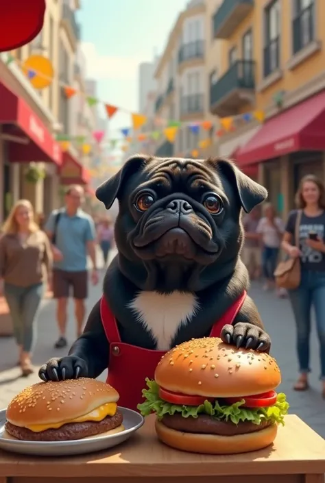 Black pug with a white spot selling hamburgers next to a chubby 