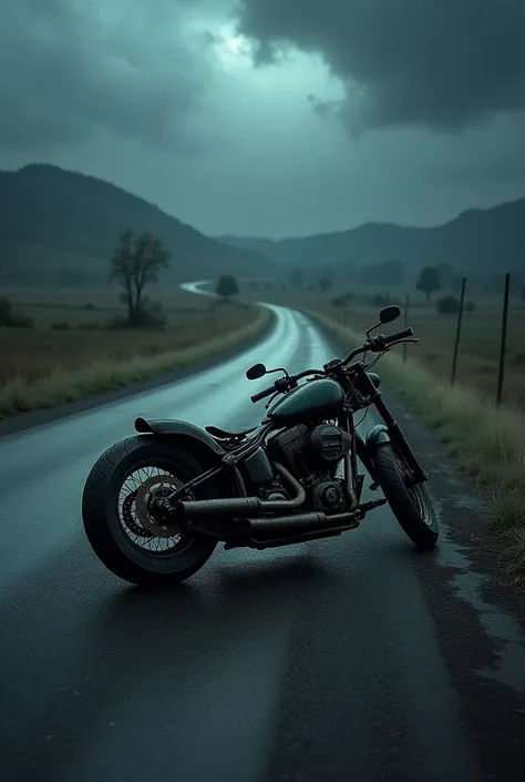 Dark stormy night, motorcycle pieces in curve of desserted road, no people