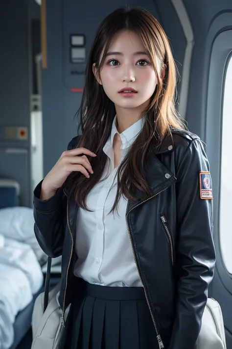 Glowing Skin, lips, Highly detailed skin, Beautiful face and eyes in every detail, Blonde、Shortcuts、curl、Spotlight, Professional Lighting, (Upper Body:0.8), stewardess, Black Skirt, Jacket, Short shirt, Ko 123,